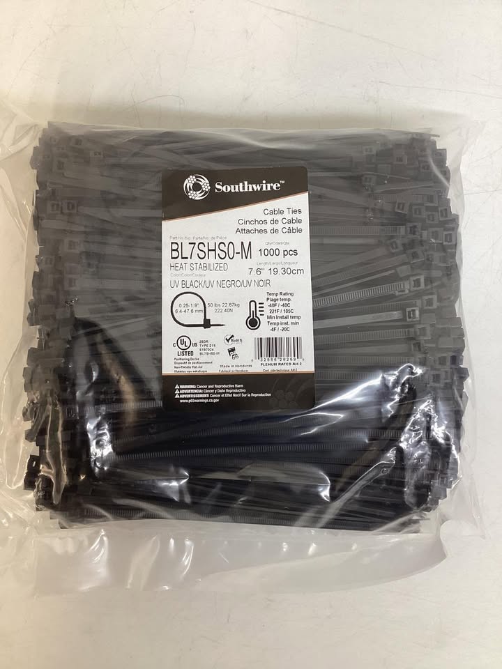 Southwire 7.6” Black Cable Ties, 1000ct