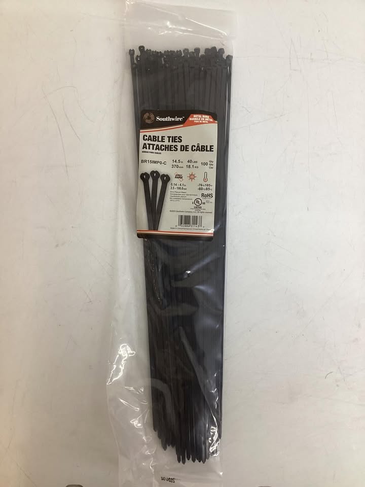 Southwire 14.5” Black Cable Ties With Metal Barbs, 100ct