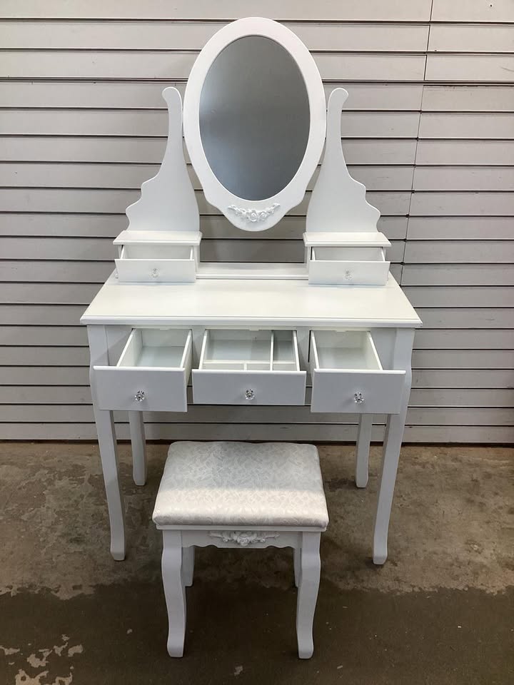 Costway Makeup Desk Vanity Dressing Table Oval Stool 5 Storage Drawers