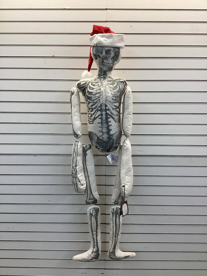John Derian 63" Stuffed Fabric Skeleton with Santa Hat