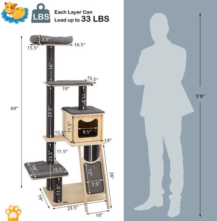 Costway 5-Tier Modern Wood Cat Tower with Washable Cushions