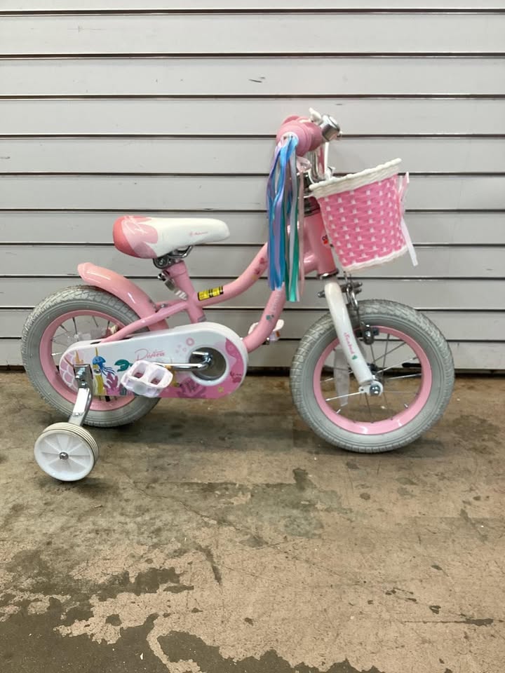 12 Inch Kids Bike Adjustable with Basket and Streamers, Pink - Princess of the Sea Theme