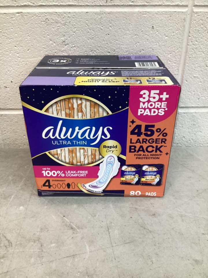 Always Ultra Thin Overnight Pads with Wings, Size 4, 80 ct.