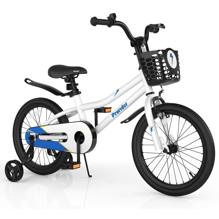 Costway 18'' Kid's Bike with Removable Training Wheels & Basket for 4-8 Years Old Boys Girls White & Blue