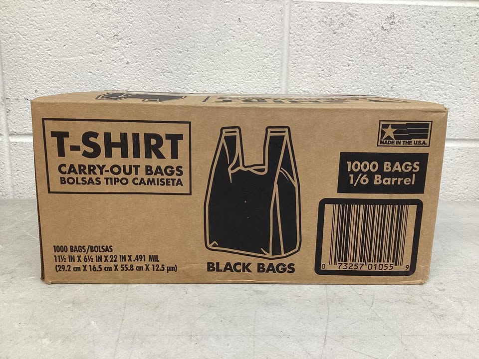 Black T-Shirt Carryout Bags, 11.5" x 6.5" x 22" 1000 ct.