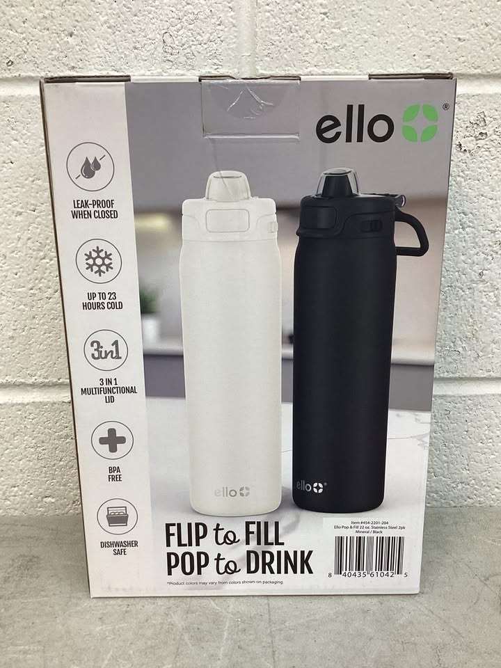Ello Pop & Fill 22oz. Stainless Steel Water Bottle with Leak Proof Locking Lid, 2-Pack