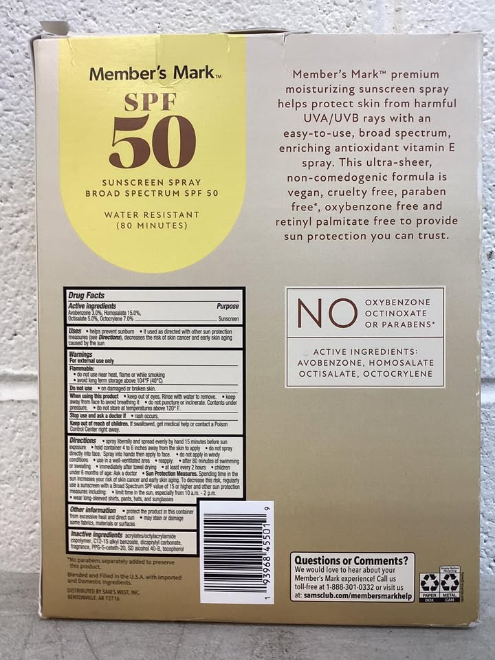 Member's Mark Sunscreen Spray, SPF 50, 9.1 oz., 3 pk.