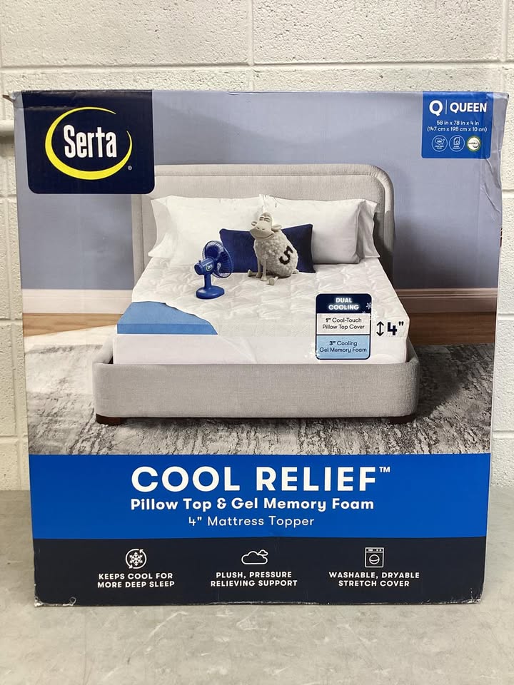 Serta Cool Relief 4-Inch Pillow Top and Gel Memory Foam Mattress Topper, Size Queen