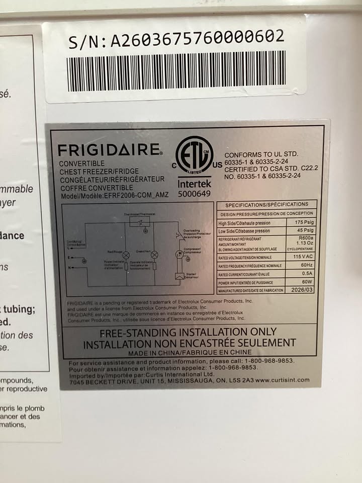 Frigidaire 2.1 cu. ft. Manual Defrost Convertible Chest Freezer, Garage Ready in White