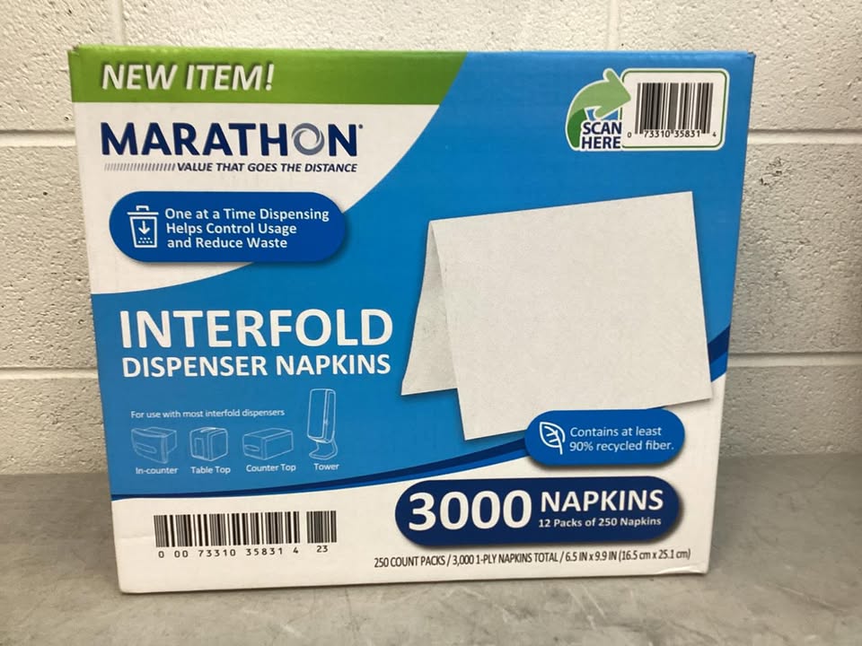 Marathon Interfold 1-Ply White Dispenser Napkins, 12 pk., 250 napkins/pk.