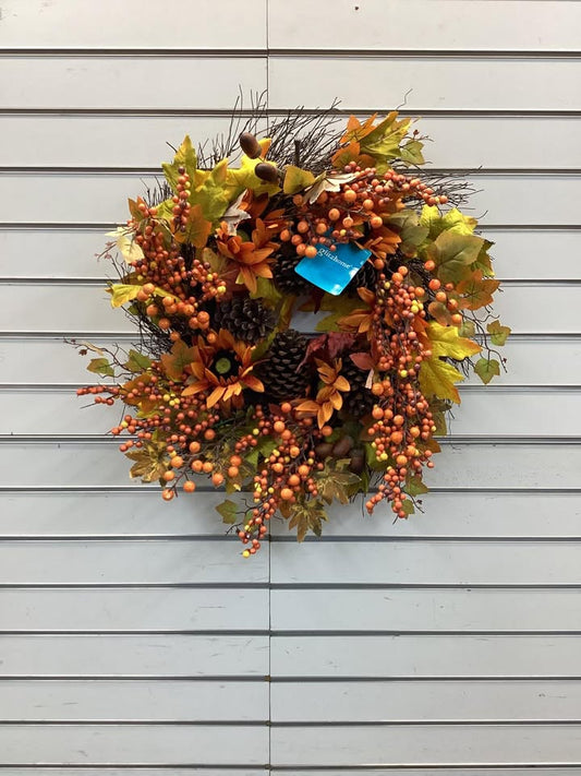 Fall Unlit Sunflower, Pinecone and Berry Wreath Includes a Black Metal Artificial Christmas Wreath Hanger