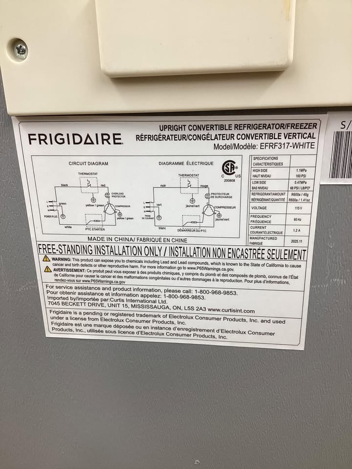 Lightly Used Frigidaire 3.3 cu. ft. Upright Convertible Refrigerator/Freezer in White