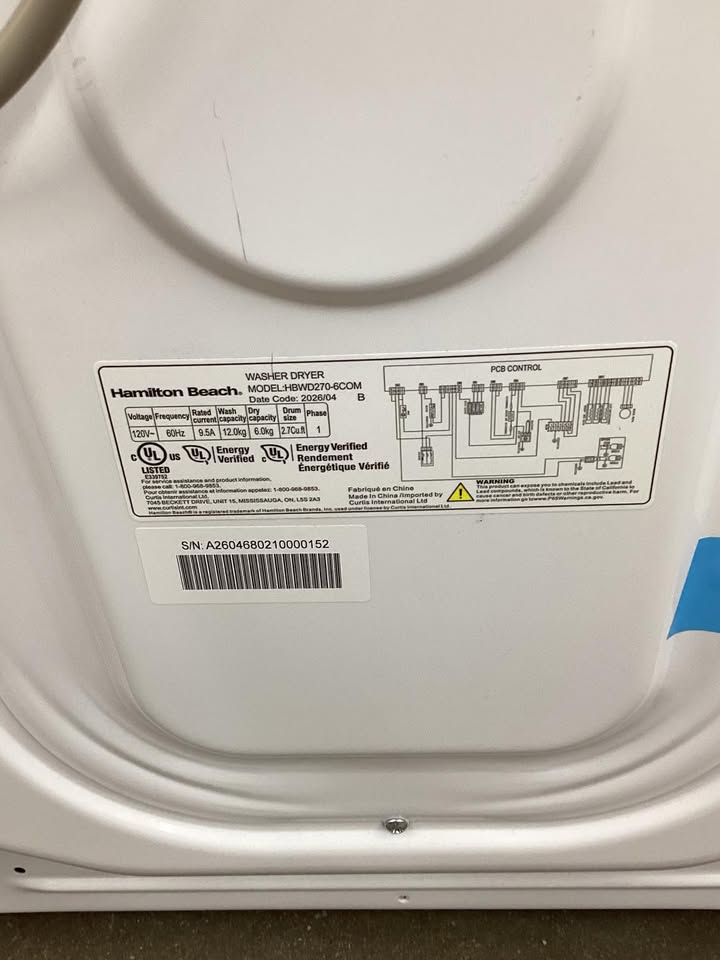 Hamilton Beach 2.7 cu. ft. White All-in-One Front Loading Washer and Dryer Combo