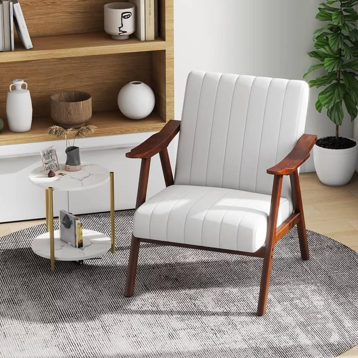 Costway Modern Accent Chair Leathaire Leisure Armchair w/ Rubber Wood Frame & Felt Pads Beige