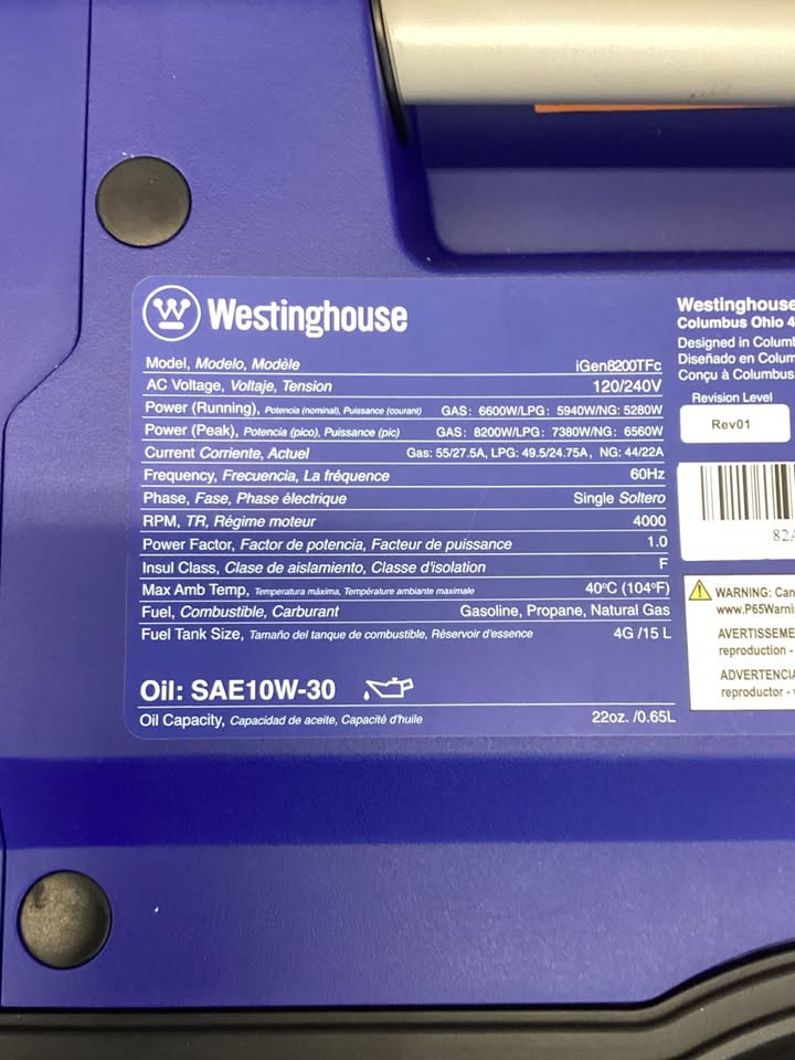 Westinghouse 8,200-Watt Peak 6600 Running Watt Remote Electric Start Tri Fuel Gas, Propane, Natural Gas Powered Inverter Generator with CO Sensor