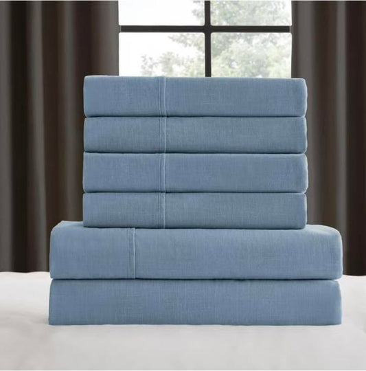 Member's Mark Washed Cotton Textured Sheet Set Blue Size Queen