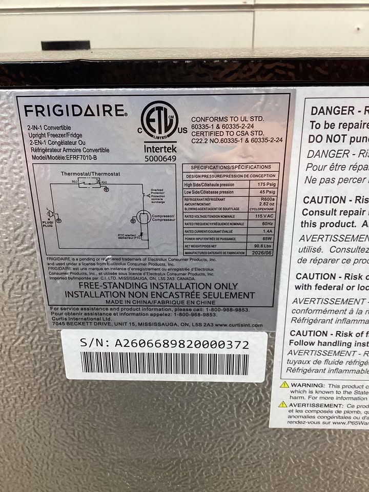 Frigidaire 7.0 cu. ft. Upright Convertible Fridge/Freezer