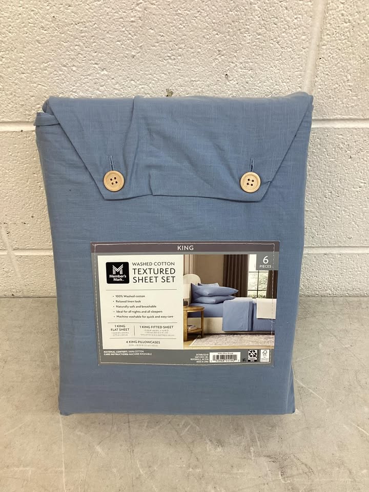 Member's Mark Washed Cotton Textured Sheet Set Blue Size King