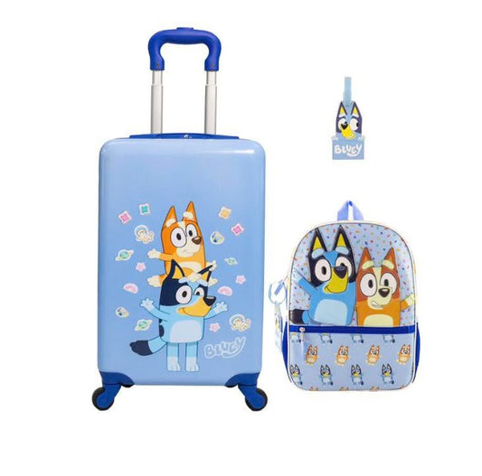 3-Piece Bluey Kids Luggage Set | Rolling Suitcase, Backpack & Luggage Tag
