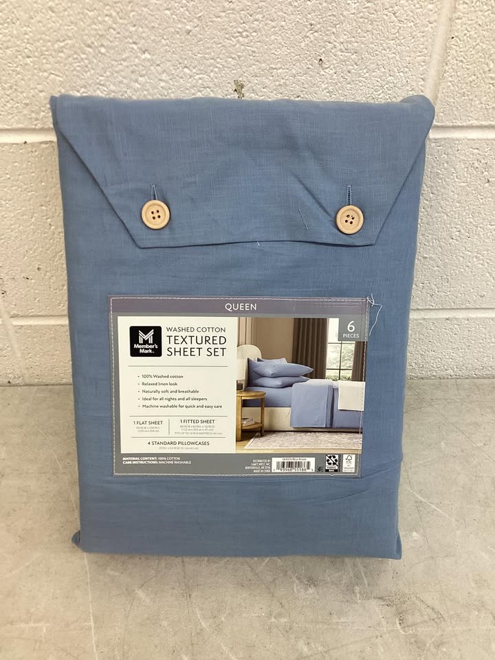 Member's Mark Washed Cotton Textured Sheet Set Blue Size Queen