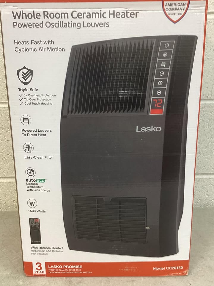 Lasko 1500-Watt 20 in. Black Electric Console Ceramic Space Heater with Tip-Over Switch, Adjustable Louvers, Timer, Remote