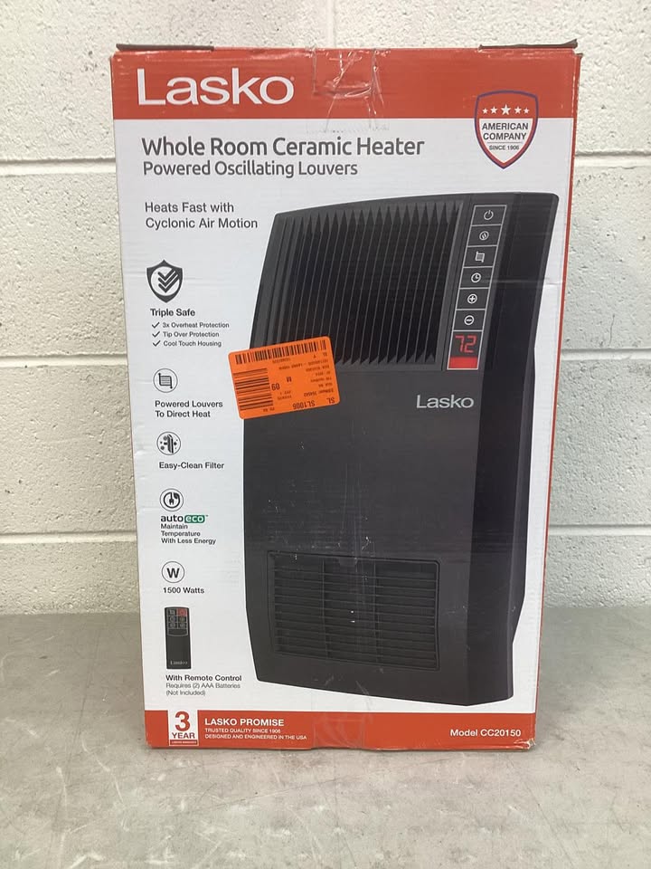 Lasko 1500-Watt 20 in. Black Electric Console Ceramic Space Heater with Tip-Over Switch, Adjustable Louvers, Timer, Remote