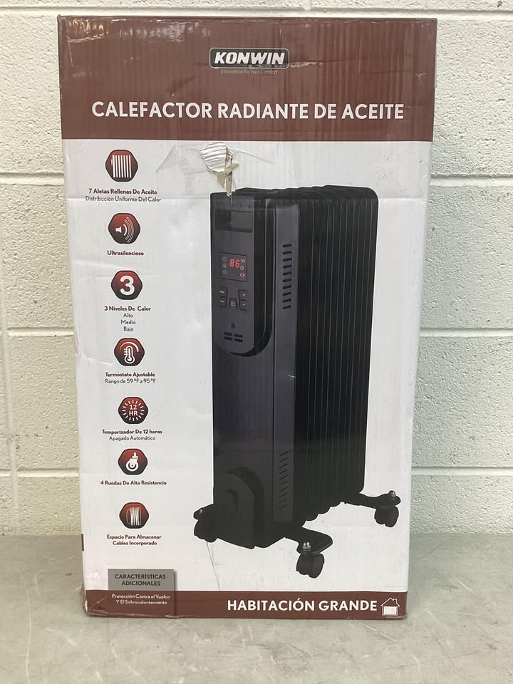 Lightly Used Konwin 1500-Watt Black Indoor Electric Oil-Filled Radiator Convection Radiant Space Heater with Remote Control for Living Space