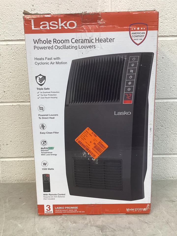 Lightly Used Lasko 1500-Watt 20 in. Black Electric Console Ceramic Space Heater with Tip-Over Switch, Adjustable Louvers, Timer