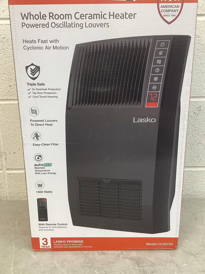 Lightly Used Lasko 1500-Watt 20 in. Black Electric Console Ceramic Space Heater with Tip-Over Switch, Adjustable Louvers, Timer
