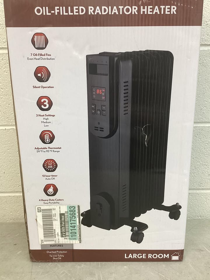 Lightly Used Konwin 1500-Watt Black Indoor Electric Oil-Filled Radiator Convection Radiant Space Heater with Remote Control for Living Space