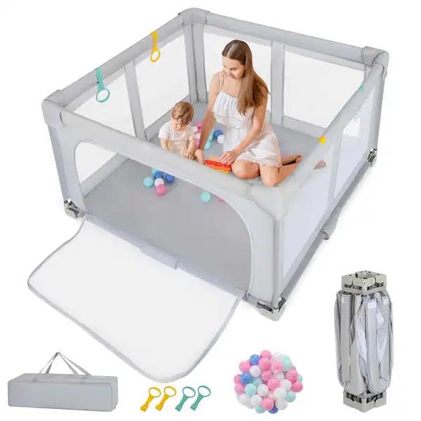 Honeyjoy Large Baby Playpen 50" x 50" with Zipper Gate Light Gray