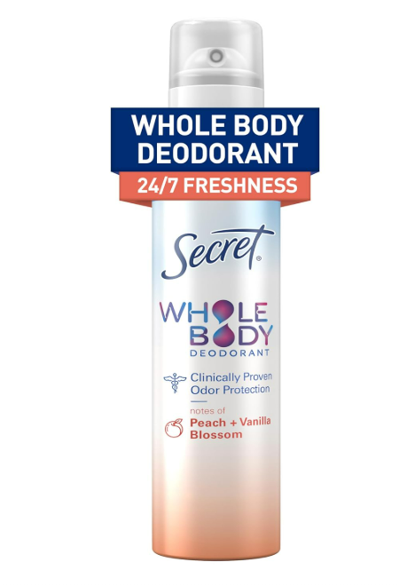 Secret Whole Body Deodorant Spray for Women, Peach & Vanilla Scent, Aluminum Free Deodorant Spray, 72 HR Odor Protection, 3.5 oz